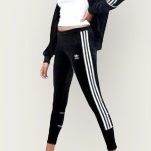 Adidas Youth L Black Velour 3-side white stripe leggings Trefoil logo athletics